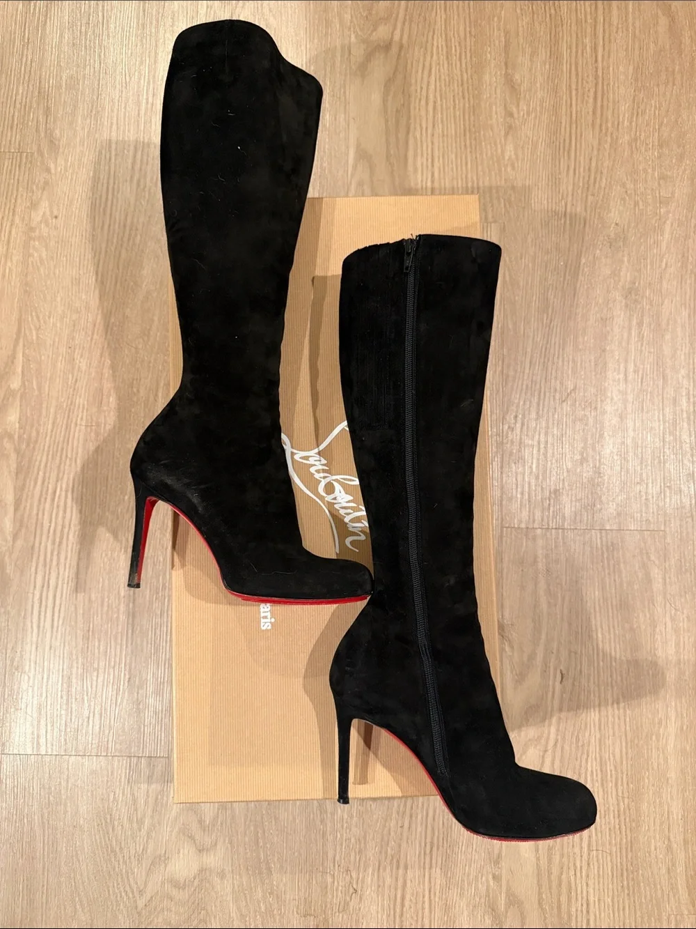Christian Louboutin Black Suede Over-the-Knee Stiletto Boots with Red Soles